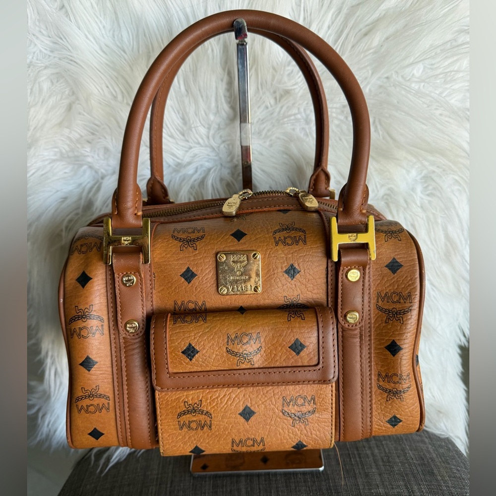 MCM Cognac Visetos Monogram Satchel with Gold Hardware